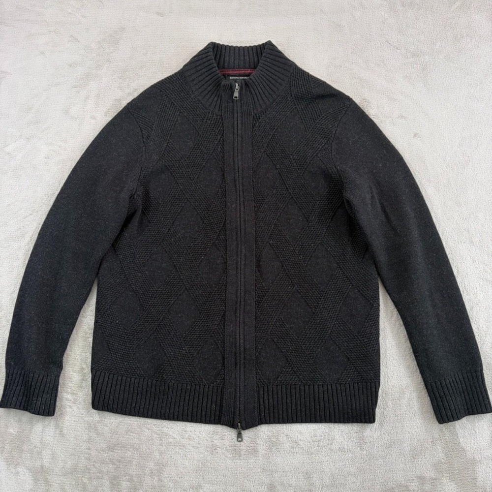 Banana Republic Merino Wool Diamond Knit Front Jacket Sweater Men XL Black Zip‎